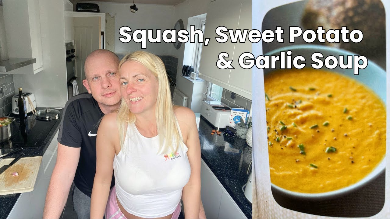 CREAMY SQUASH, SWEET POTATO & GARLIC SOUP | HEALTHY FALL RECIPE