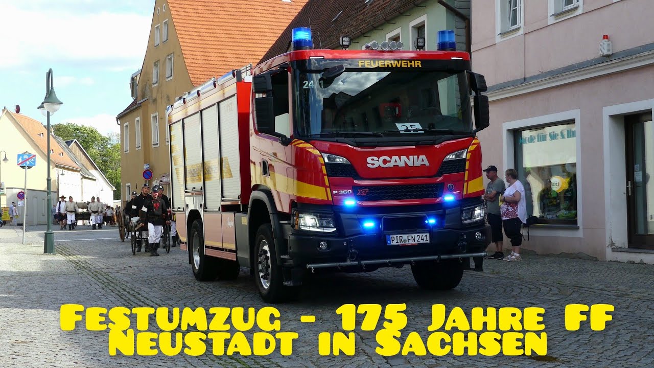 FESTUMZUG - 175 JAHRE FF NEUSTADT + Sirenenalarm und Einsatzfahrt Quad DRK Sebnitz zum Feldbrand