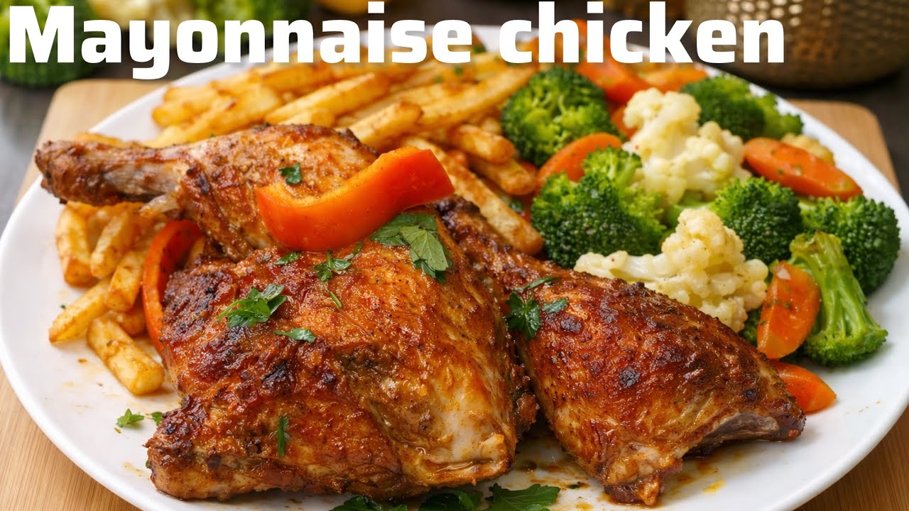 MAYONNAISE CHICKEN: served with mixed veggies and homemade fries.