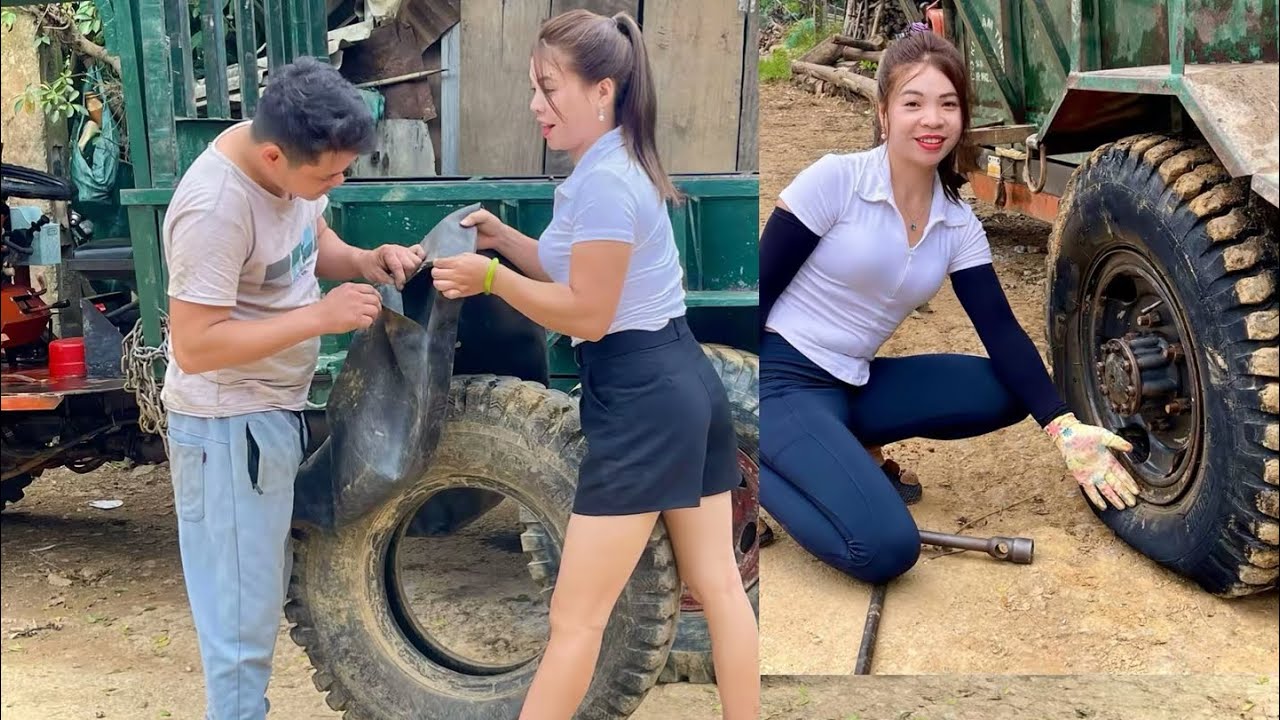 Female mechanic replaces flat tractor tire