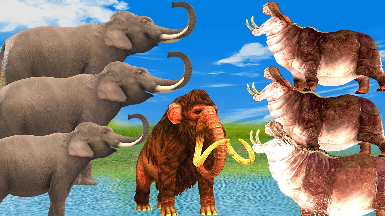 Five Elephants Vs Water Hippos Fight Attack Baby Mammoth Saved by Zombie Mammoth Animal RevoltBattle