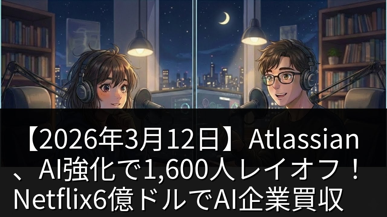 【2026年3月12日】Atlassian、AI強化で1,600人レイオフ！Netflix6億ドルでAI企業買収