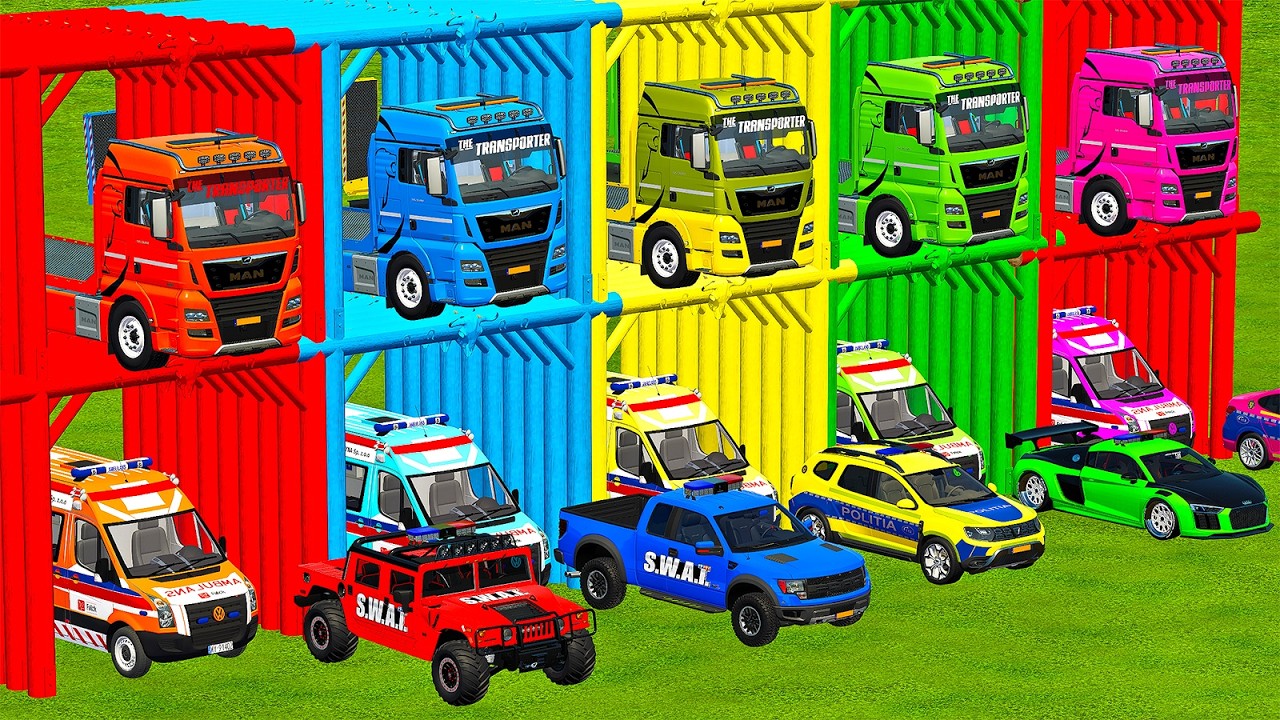 DELIVERING SUZUKI, POLICE CAMARO & AMBULANCE WITH SCANIA SUPER TRUCKS! Farming Simulator 22