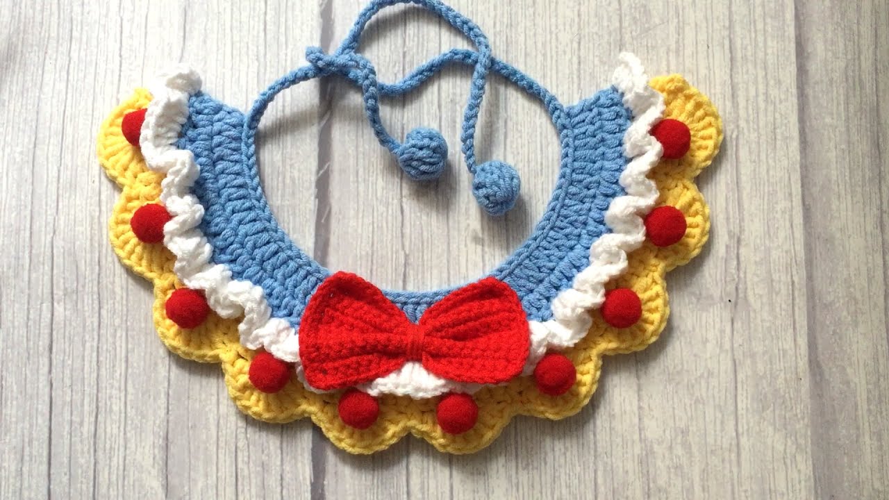 #69 Knit princess cat collar with bow pompom Pet Collar Crochet Tutorial