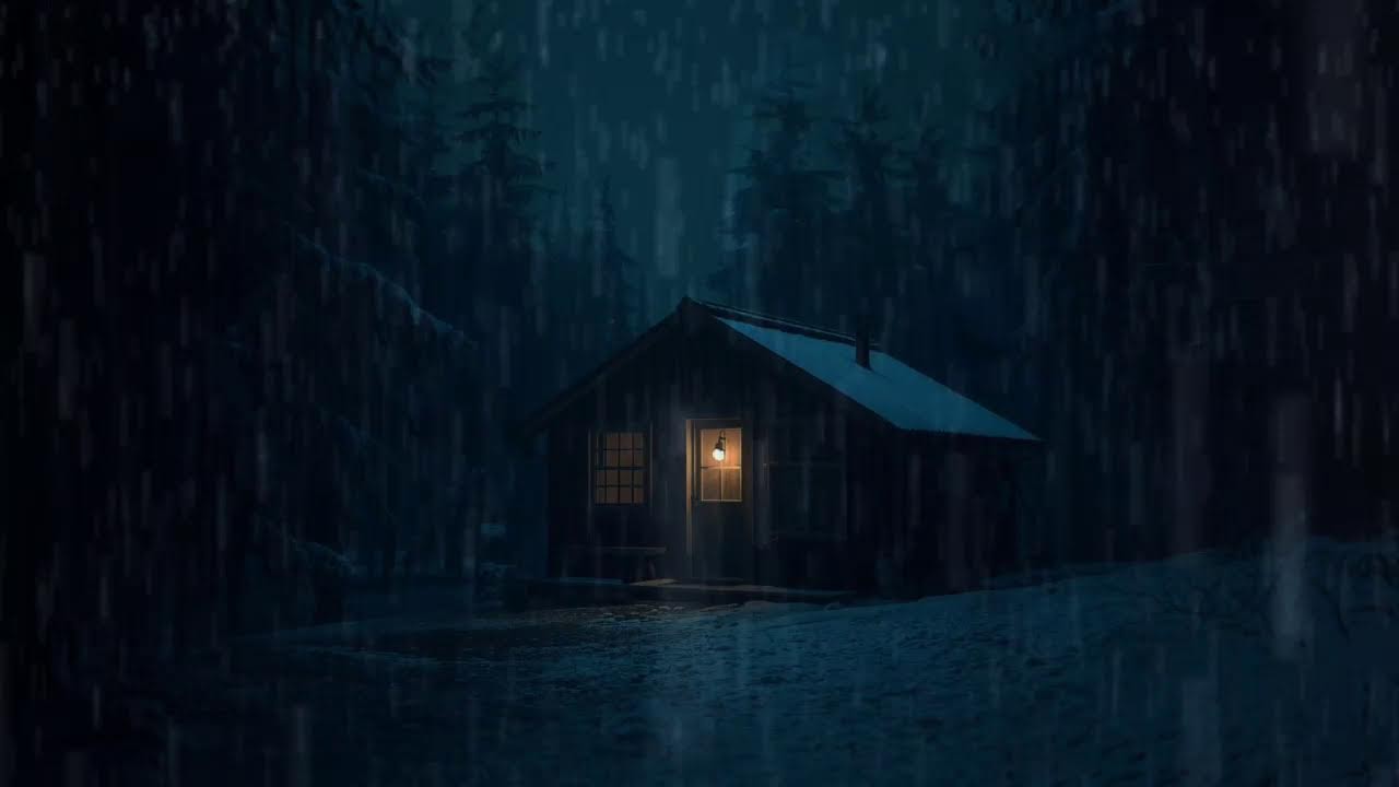 Winter Rain Falling Near a Silent Cabin (No Ads) | Dark Room Ambience for Deep Sleep
