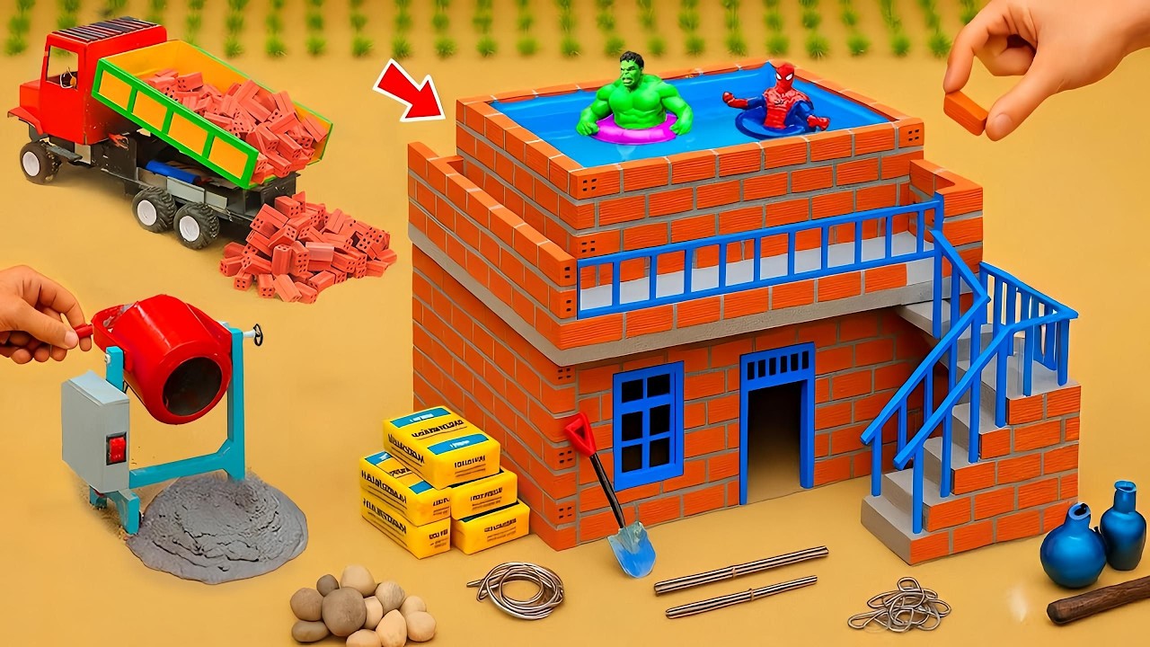 DIY Mini Tractor Constructing Modern Bricks & Cement House with Swimming Pool | Science Project