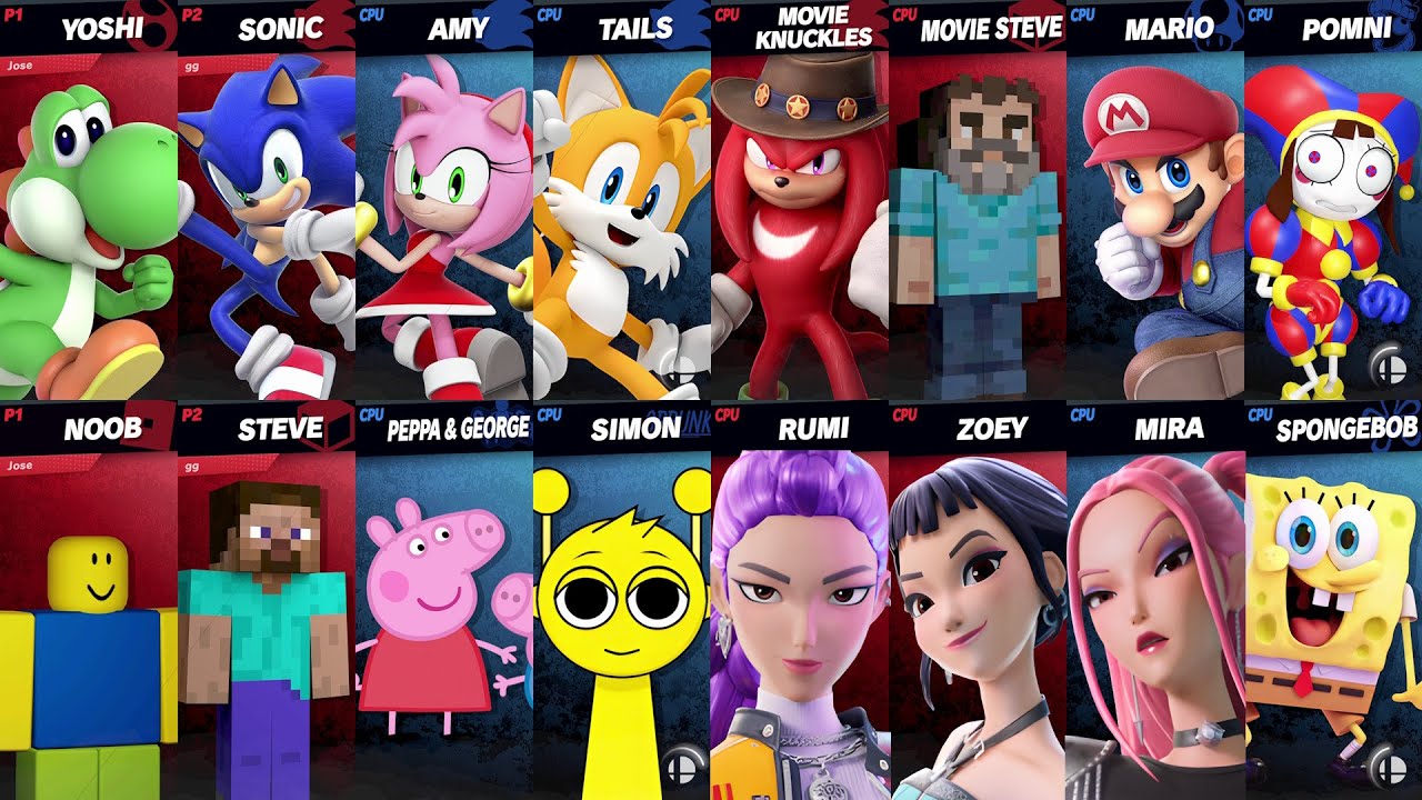 Sonic vs Peppa vs Mario vs KPop Demon Hunters vs Roblox vs Minecraft | Super Smash Bros Ultimate