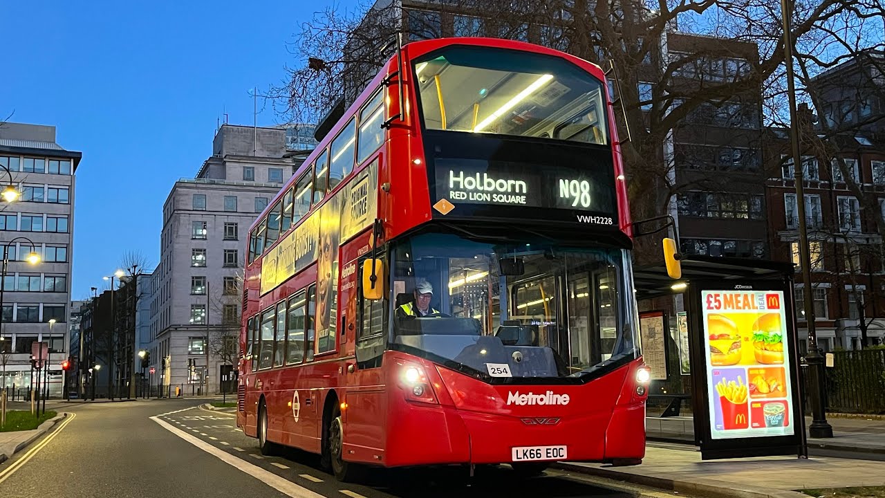 Full Route Visual. Route N98: Holborn, Red Lion Square - Stanmore Station | Gemini 3 VWH2228 LK66EOC