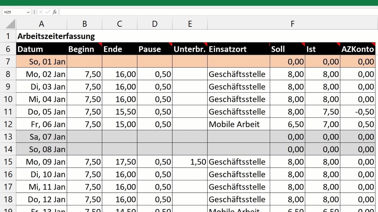 Excel automatische Arbeitszeiterfassung erstellen - Vorlage Zeiterfassung mit Überstunden, Feiertage