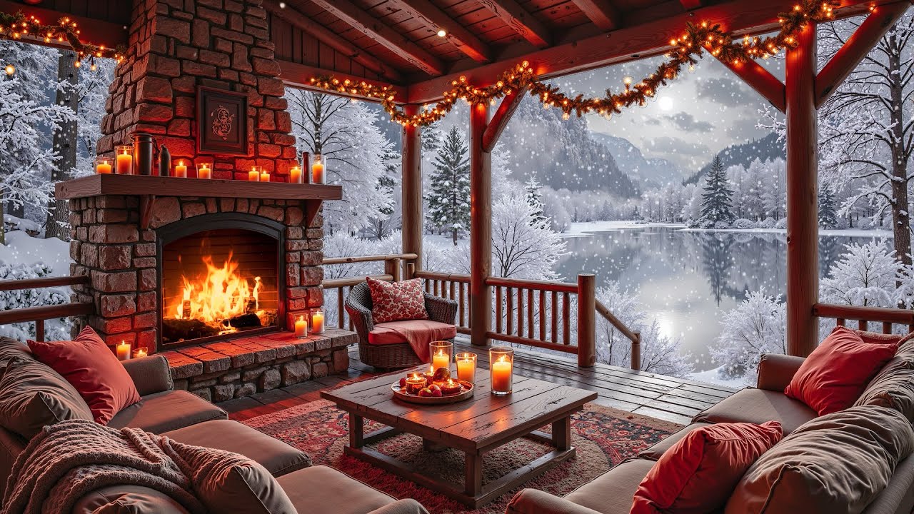 Winter Wood Cabin with Warm Fireplace Ambience 🔥 Smooth Jazz Piano Music for Holiday Retreat
