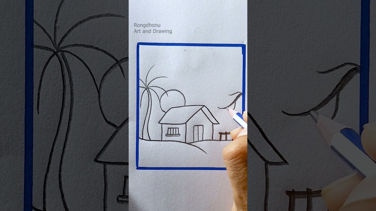 Beautiful Sunset Village House Drawing | Easy Scenery Drawing Tutorial
