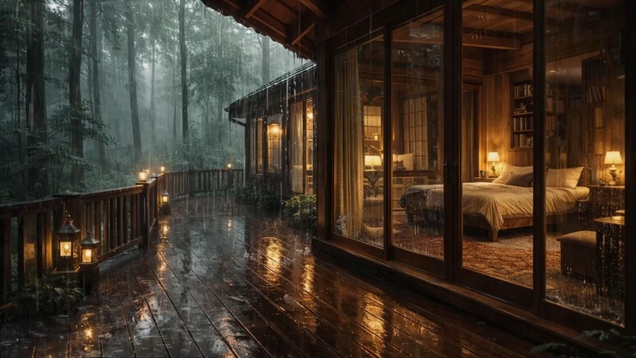 3 Hours Heavy Rain on a Cozy Cabin Deck 🌧️ Dark Forest Fireplace Night