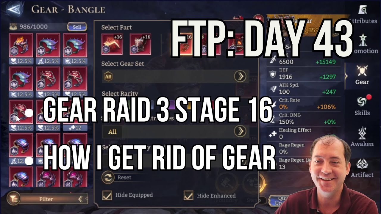 Watcher of Realms: FTP Day 43! Gear Raid 3-16 auto, Slowing down, Basics of gear processing