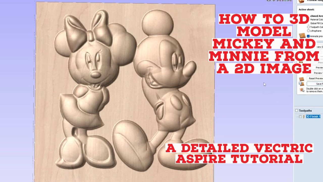 How to turn a image of Mickey and Minnie Mouse into a 3D image in Vectric Aspire. Detailed version.