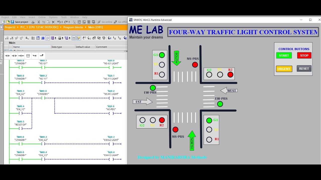 FOUR WAYS TRAFFIC LIGHT USING S7 1200 SIEMENS PLC IN TIAL PORTAL 0