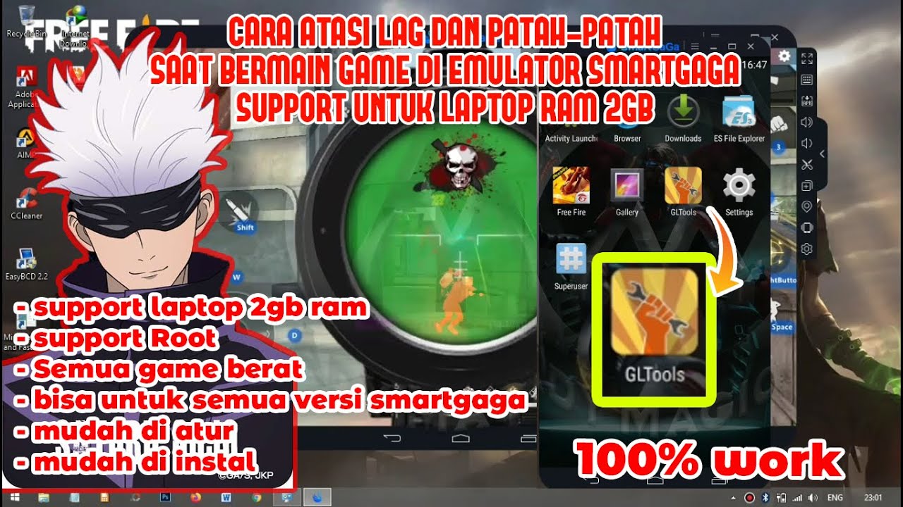 CARA MENGATASI LAG FREE FIRE SAAT MAIN DI LAPTOP RAM 2GB | SMARTGAGA FIX LAG | GL TOOLS