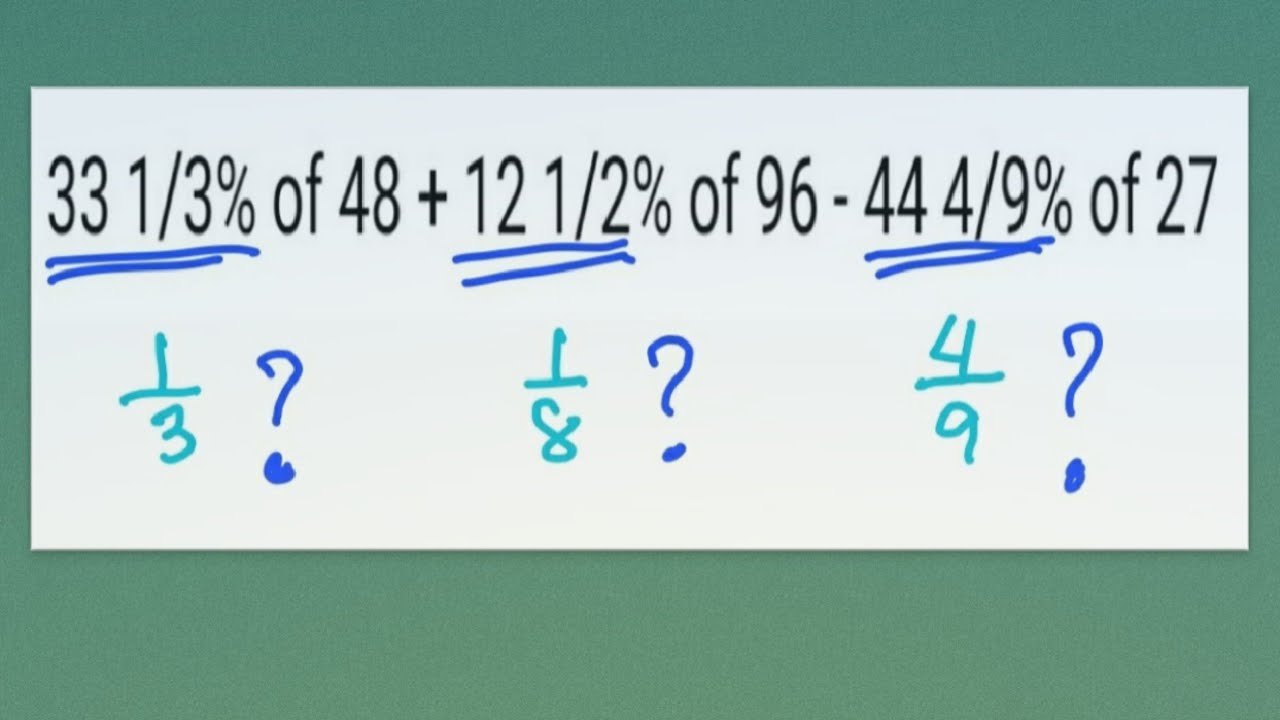 Fraction Percent: Simplify: 33 1/3% of 48 + 12 1/2% of 96 - 44 4/9% of 27 ?