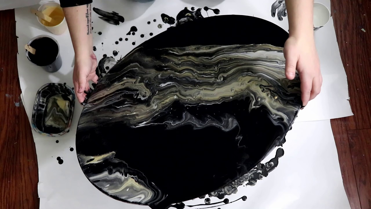 (197) Black, Gold and White Acrylic Dirty Pour