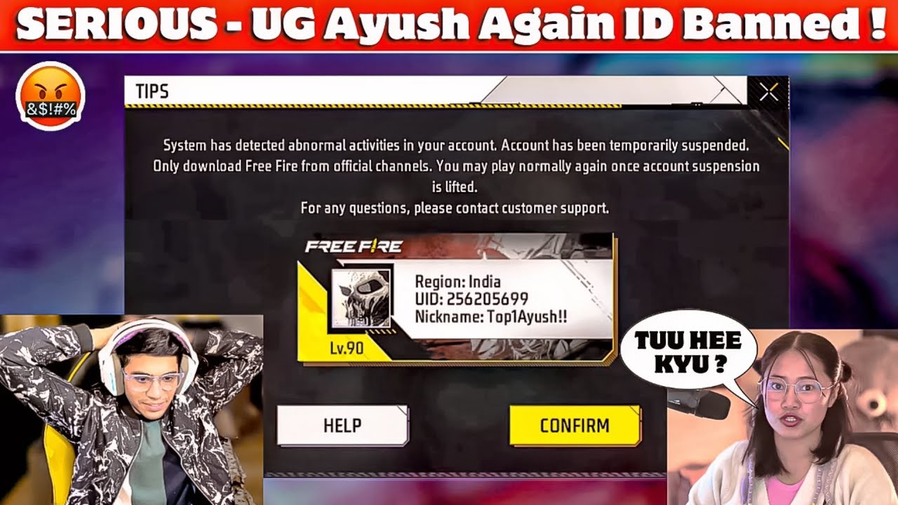 WHAT - UG Ayush 90 level Account Got Banned !😮|| Dark Reality of FF & Sooneeta - React ?🤬