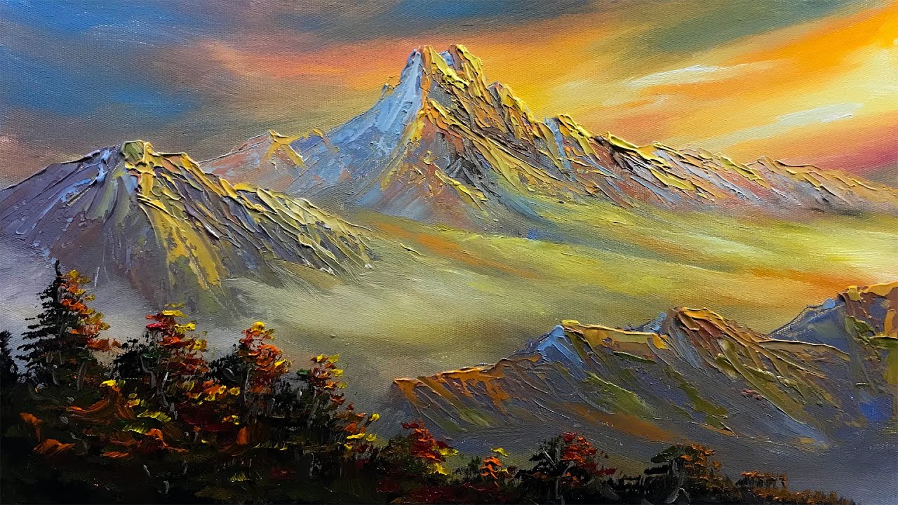 Sunset Mountains and Trees STEP by STEP Acrylic Painting