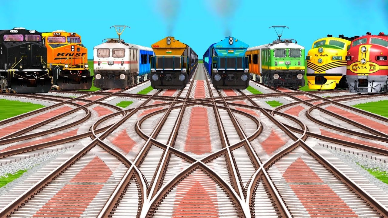 8 Diesel Vs Electric Trains Crossing On Bumpy Branched Forked Railroad Tracks | train simulator 2026