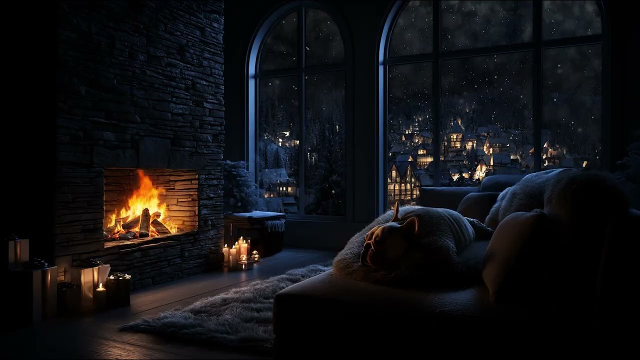 Only Fireplace Sounds & Snowfall Outside | Calm Winter Ambience for Insomnia Relief