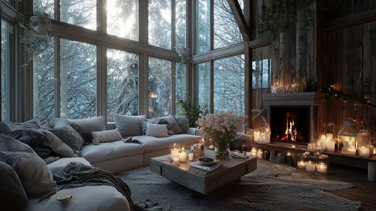 Soft Piano Music With Falling Snow And Crackling Fireplace For Cozy Winter Night Sleep