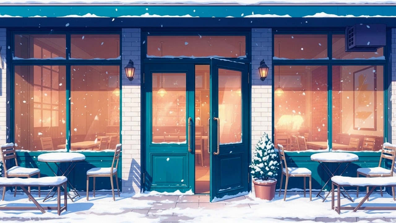 Quiet Snowy Street Café ☕ Warm Lights & Peaceful Lofi Beats