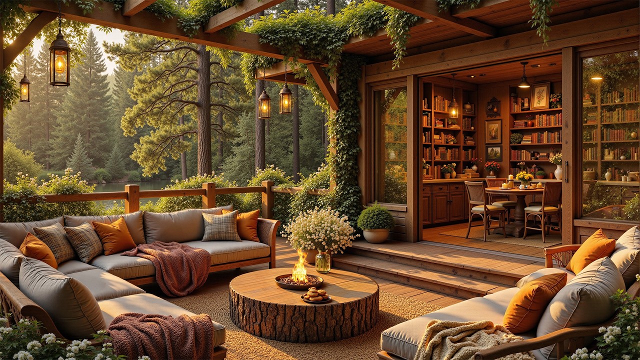 Peaceful Spring Jazz In Wooden Lake House | Outdoor Fireplace Vibes for Stress Relief & Relaxation
