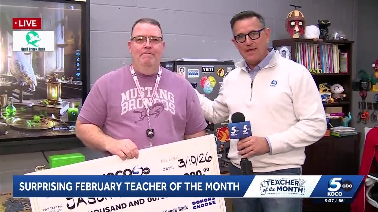 KOCO 5 surprises Mustang middle school teacher as the February Teacher of the Month