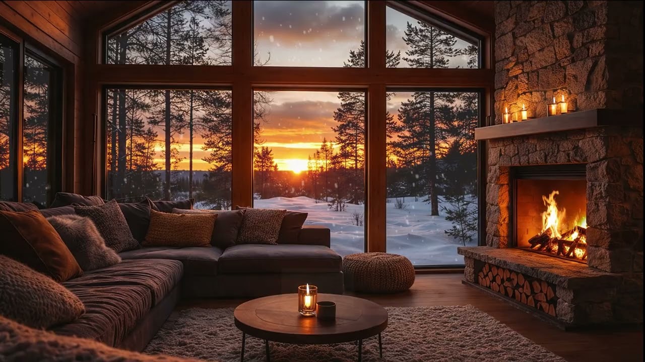 Cozy Winter Jazz Ambience ❄️  Fireplace by the Window & Snowy Sunset | 4K Relaxing Background