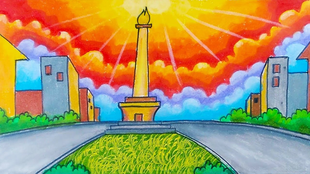 Cara menggambar dan mewarnai tugu monas || Menggambar pemandangan tugu monas
