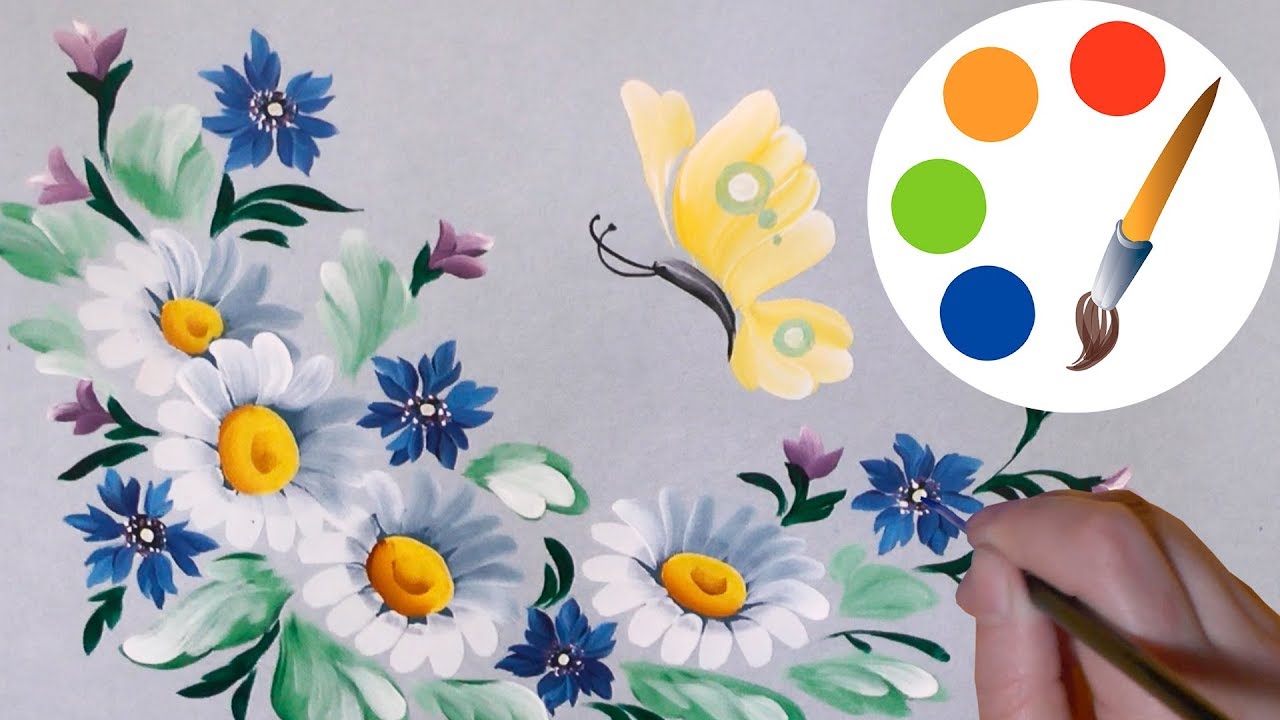 🦋🌼Butterfly and White Daisies 🌼🦋 by a round brush, design#1