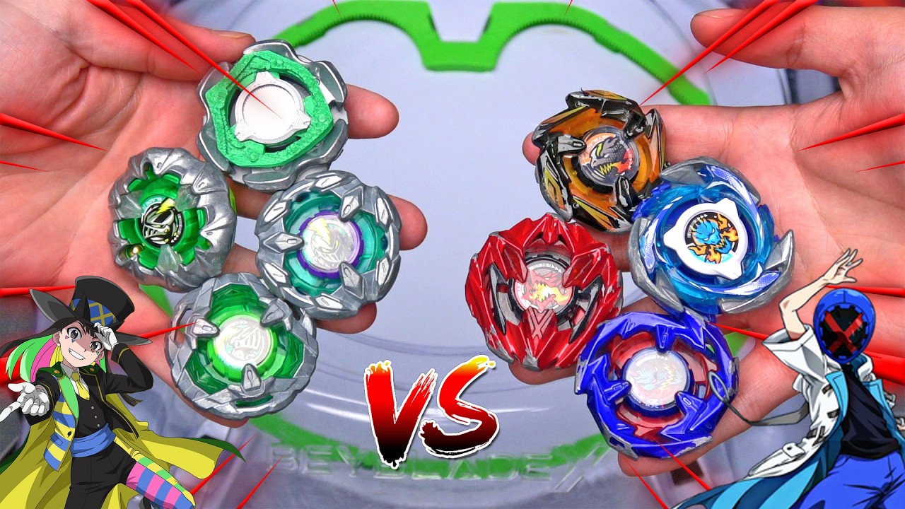 Все волчки DRAN против всех волчков KNIGHT на стадионе Beyblade X Battle OG.