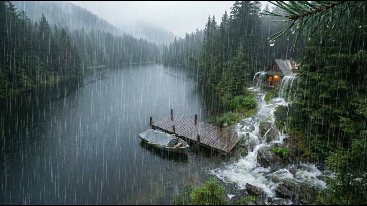 Heavy Rain on Lake and Relaxing Stream Sound - 10 Hours of Deep Sleep & Study