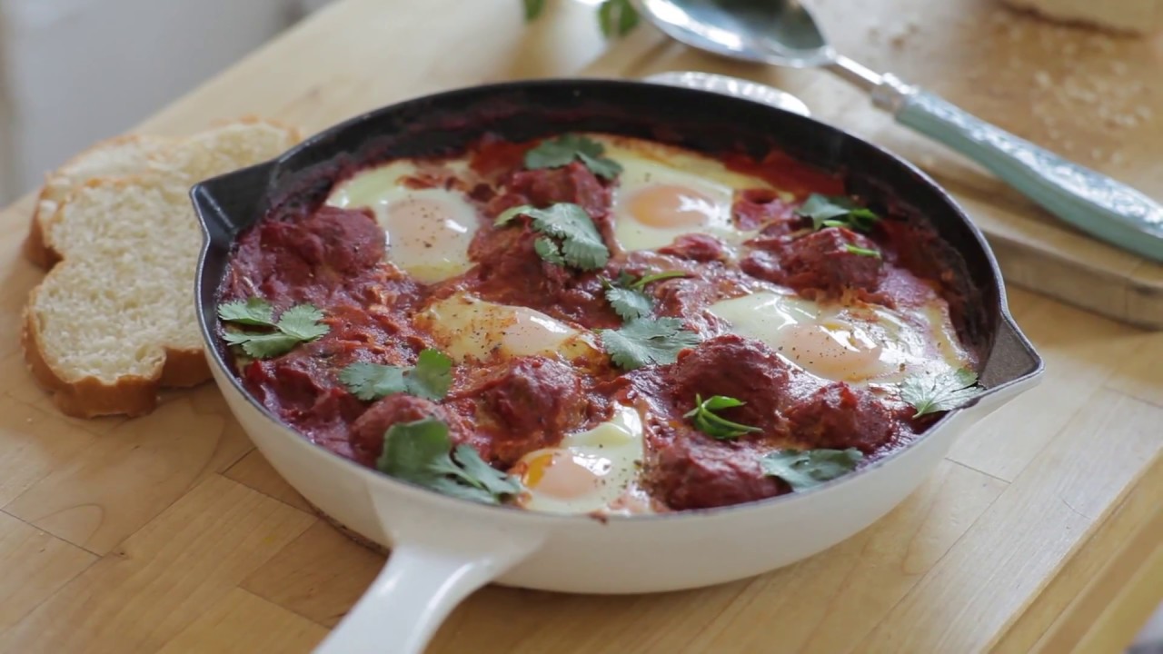 Baked Eggs with Meatballs #nationalmeatballday