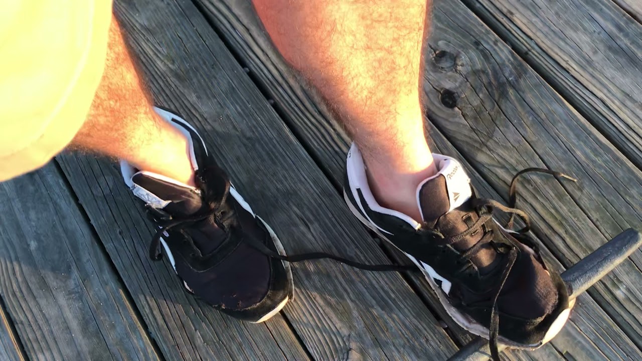 Enjoying Trashed Reebok Classic Running Shoes At My Favorite Boat Dock!