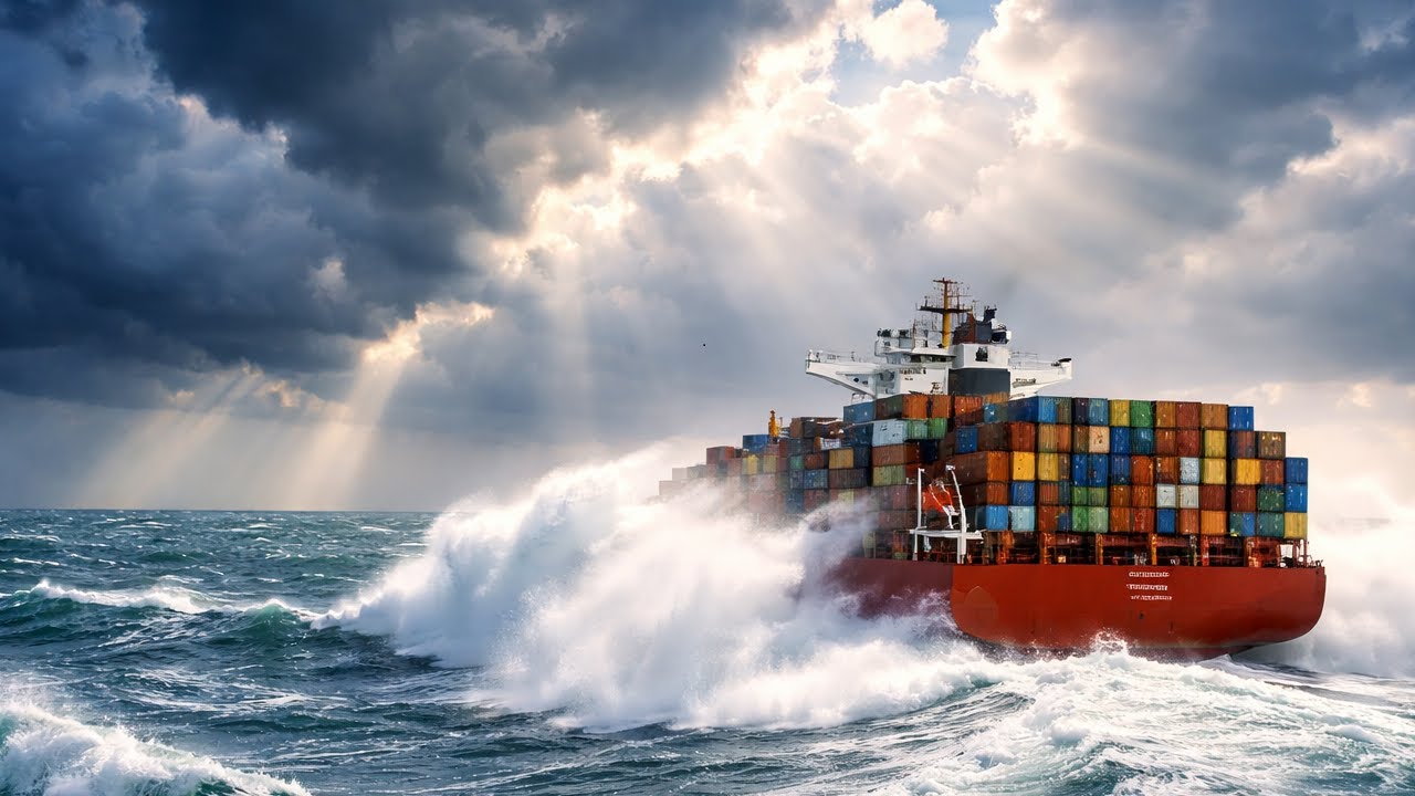 Giant Container Ship Confronts Superstorm in the Middle of the Ocean