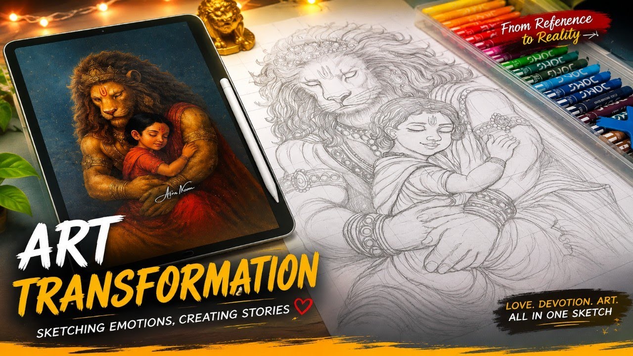 Narasimha Drawing: Mythological Scenes Pencil Sketch Tutorial/Mahavatar Narsimha Movie Inspired Art