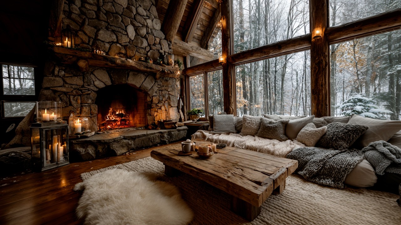 Winter Cabin Ambience with Crackling Fireplace and Soft Snowstorm for Relaxing Sleep