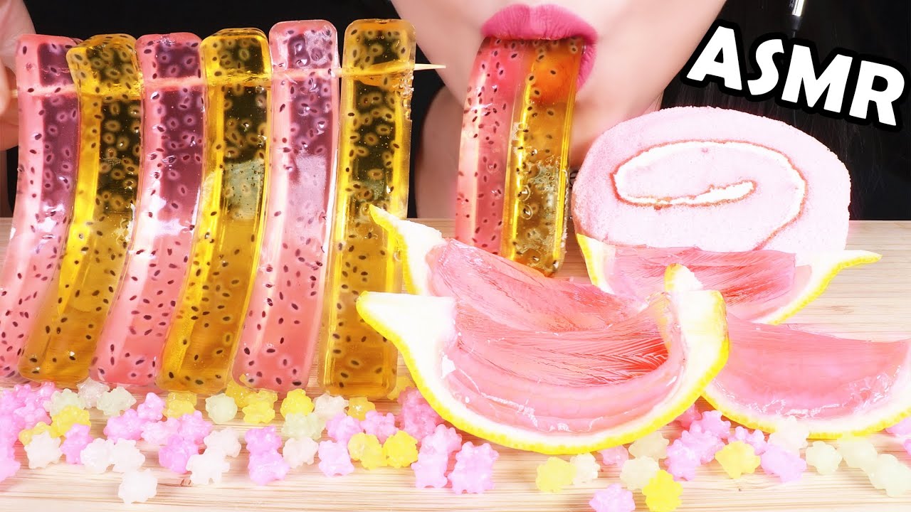ASMR EDIBLE FROG EGG JELLY NOODLES SWILL ROLL CAKE EATING SOUNDS Jello ロールケーキ ゼリーを食べる音 젤리국수 케이크 먹방