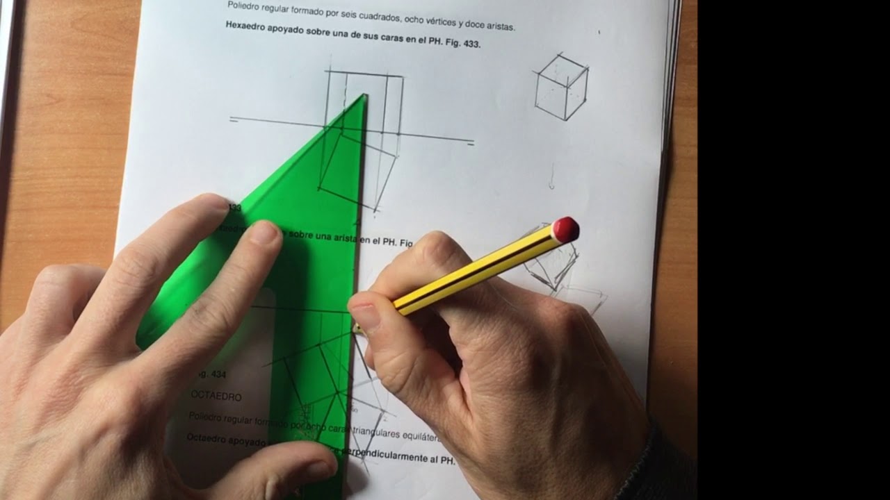 Hexaedro apoyado en una cara y en una artista  Diédrico