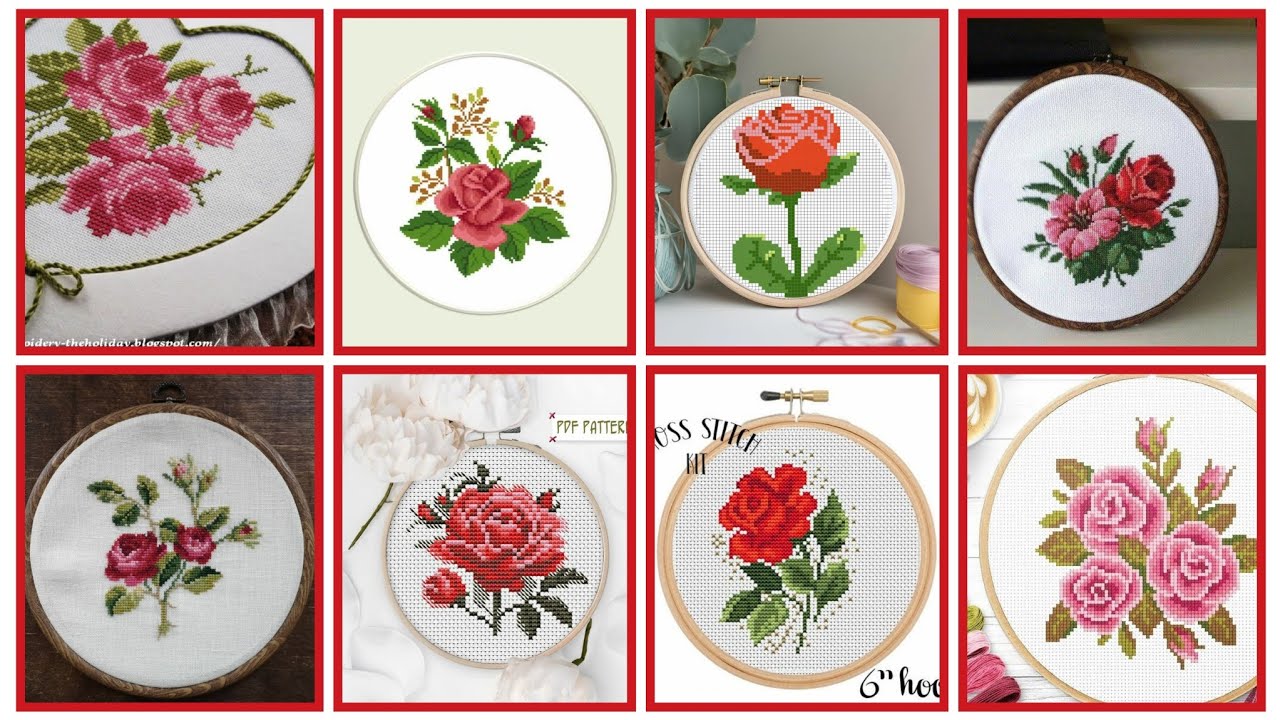 Colección elegante y hermosa de patrones de punto de cruz de flores. 