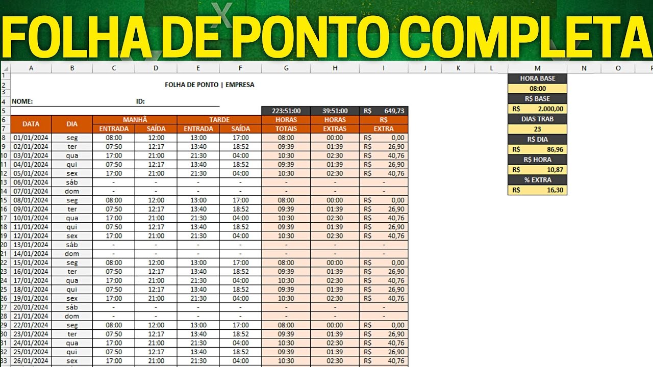 Planilha Folha de Ponto no Excel | Baixar Grátis | Horas Extras, Negativas, Bônus Adicional etc