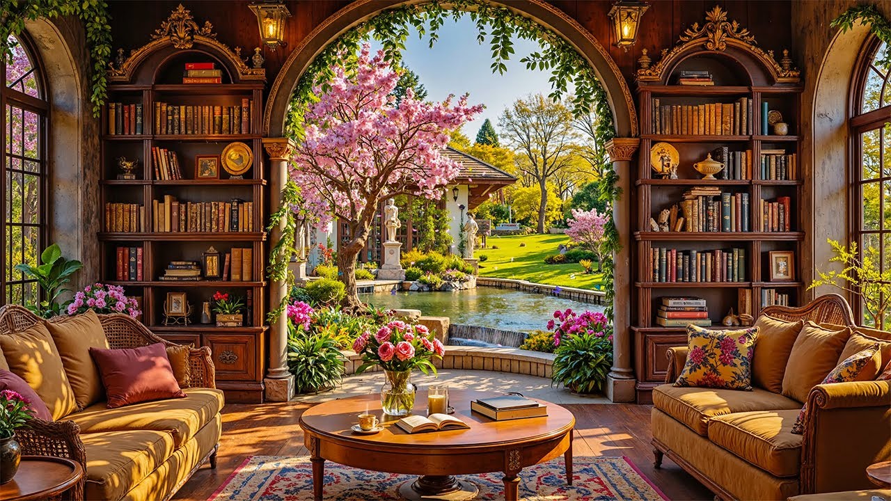 Exquisite Jazz Music at Book Cafe with Enchanting Spring Ambience - Positive Energy for Midweek