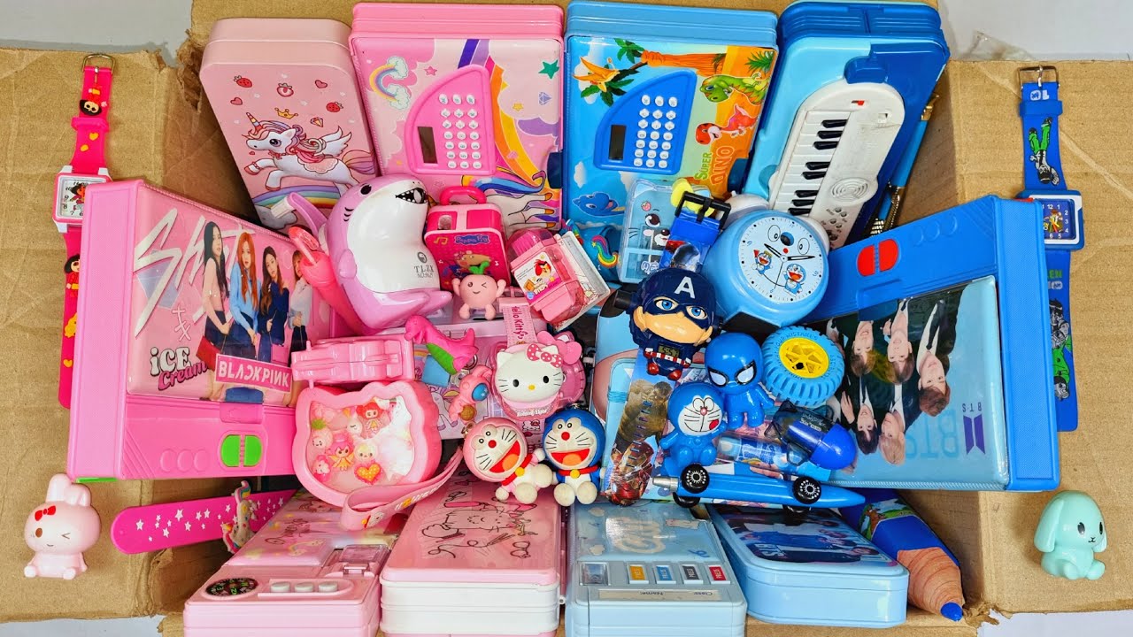 Pink stationery items vs blue stationery items - pencil case, calculator watch, pencil sharpner etc