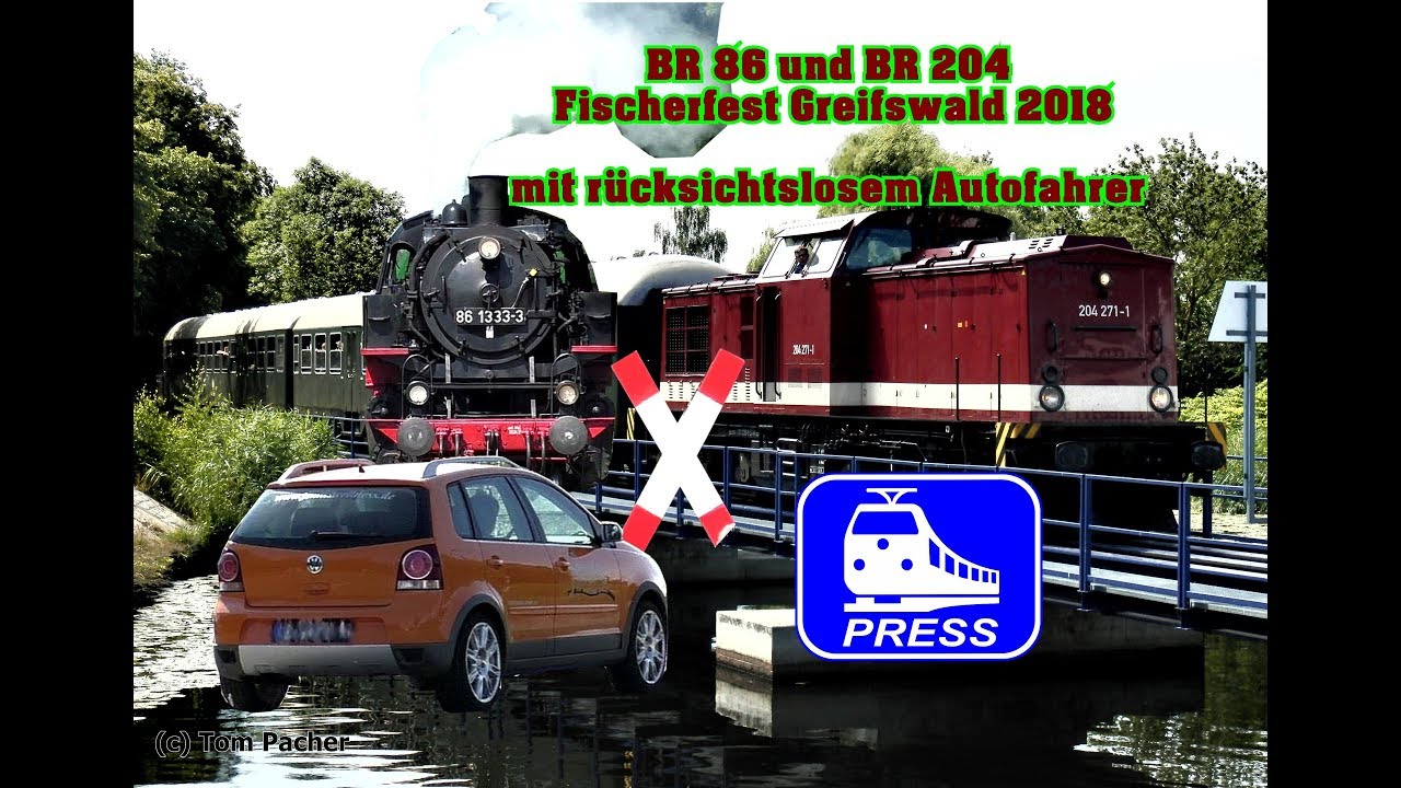 [HD] DR Sonderzug Greifswald Fischerfest mit viel Horn/Pfiff und rücksichtslosem Autofahrer