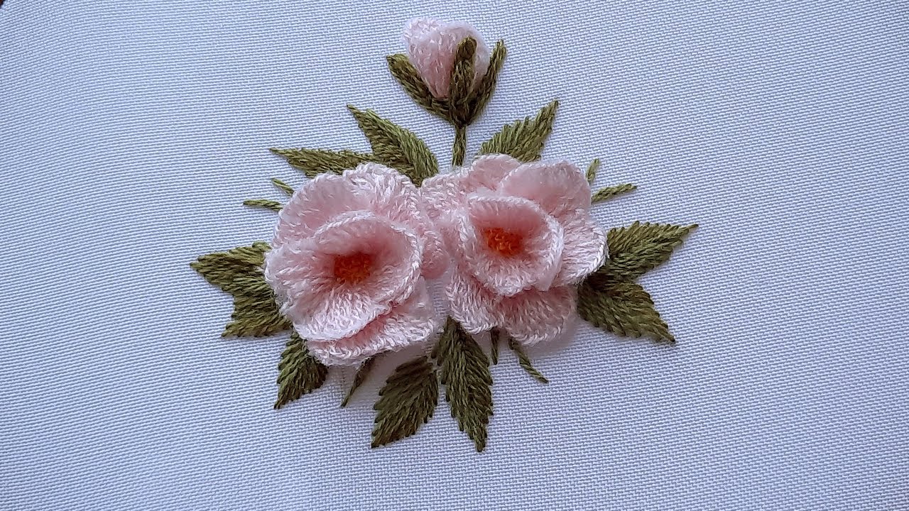 StumpWork Pink Flower Wool Embroidery