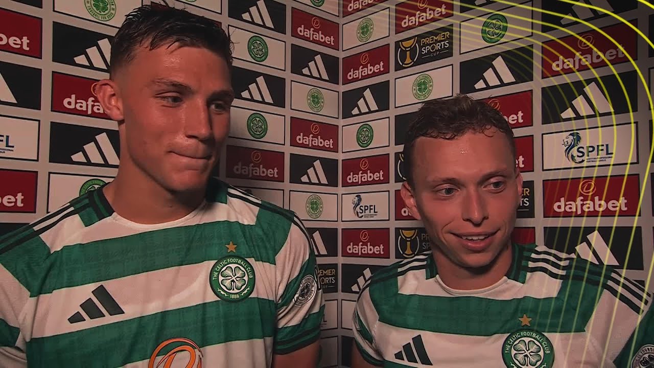 Celtic's Dane Murray and Alistair Johnston react after scoring in victory against Falkirk