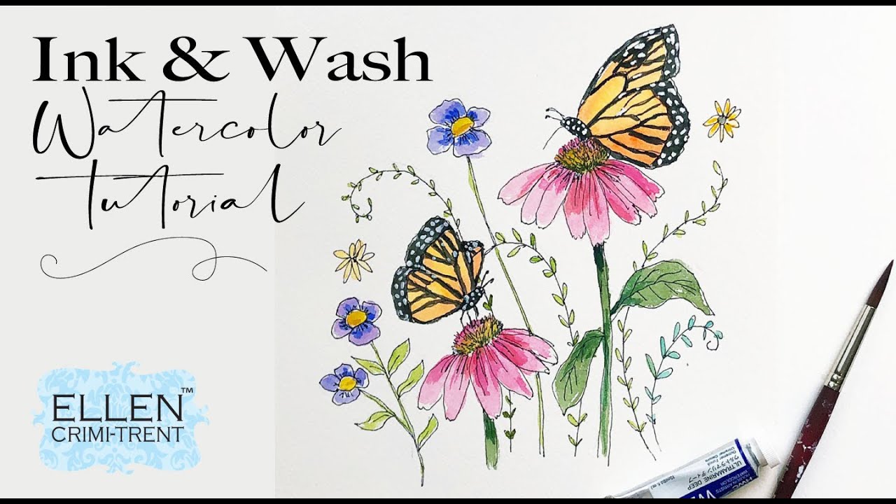 Ink & Wash Watercolor- butterflies and flowers
